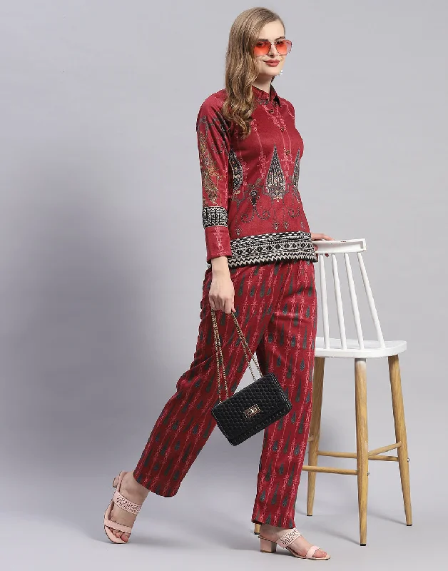 Effortless Chic Apparel Women Red Embroidered Collar Full Sleeve Cords Set