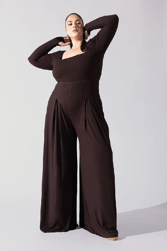 Attire Sale Go With The Flow Long Sleeve Jumpsuit - Cocoa