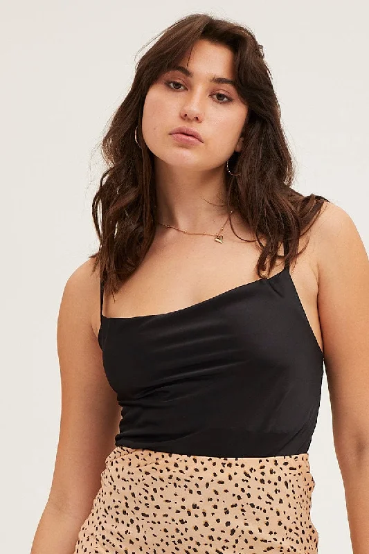 Chic Style, Always In Vogue Black Bodysuit Top Sleeveless Cowl Neck Satin
