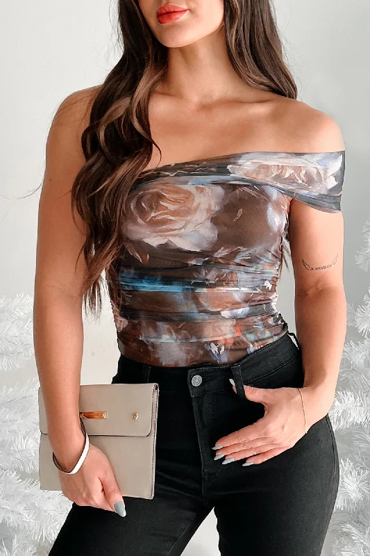 Vintage Inspired Fashion Sale Maven Asymmetric Floral Mesh Bodysuit (Brown Multi)