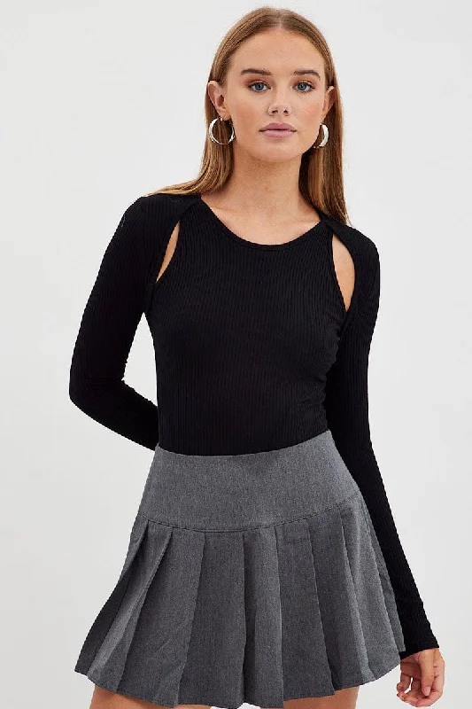 Clearance Sale, All Cheap Black Bodysuit Long Sleeve Round Neck Cut Out Rib