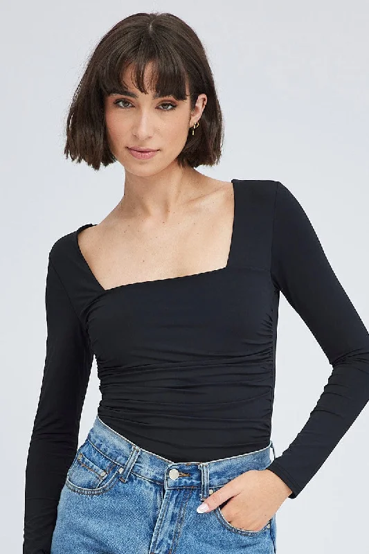 Hot Picks Black Bodysuit Long Sleeve Square Neck Ruched Nylon