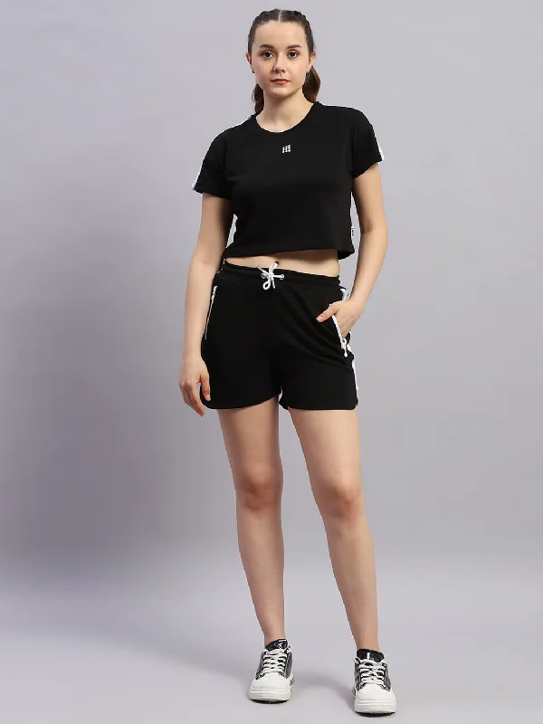 Chic Trend Collection Women Black Solid Round Neck Half Sleeve Cords Set