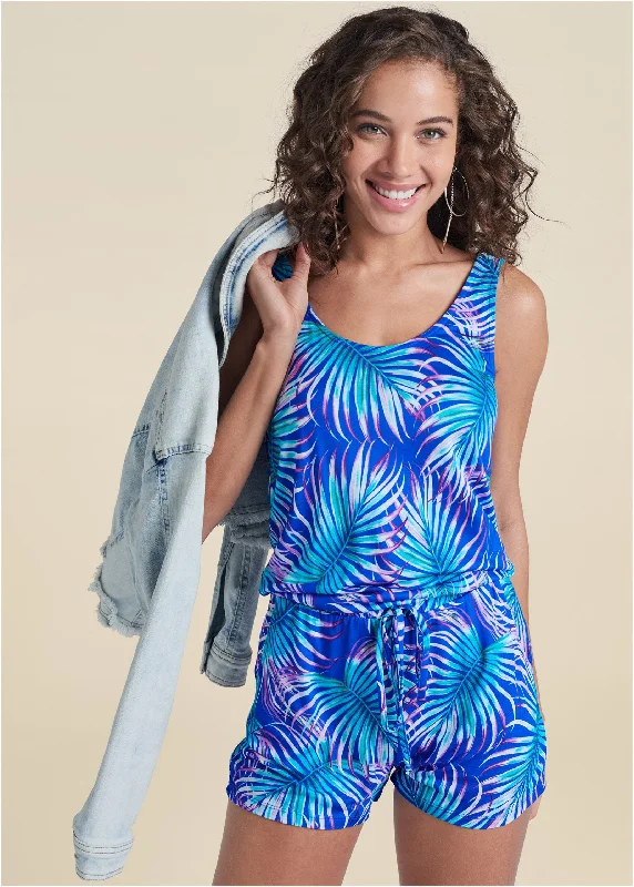 The Good Stuff Palm Printed Romper - Blue Multi
