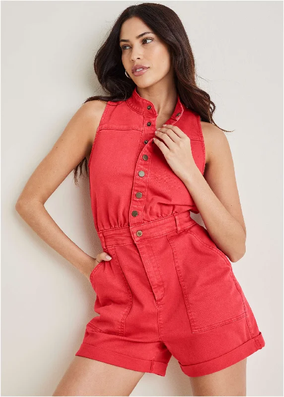 Limited Stock, Big Sale Twill Utility Romper - Scarlet