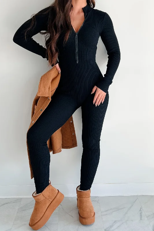 Snag Fabulous Fashion Bargains Lowkey And Loving It Zip Front Ribbed Jumpsuit (Black)