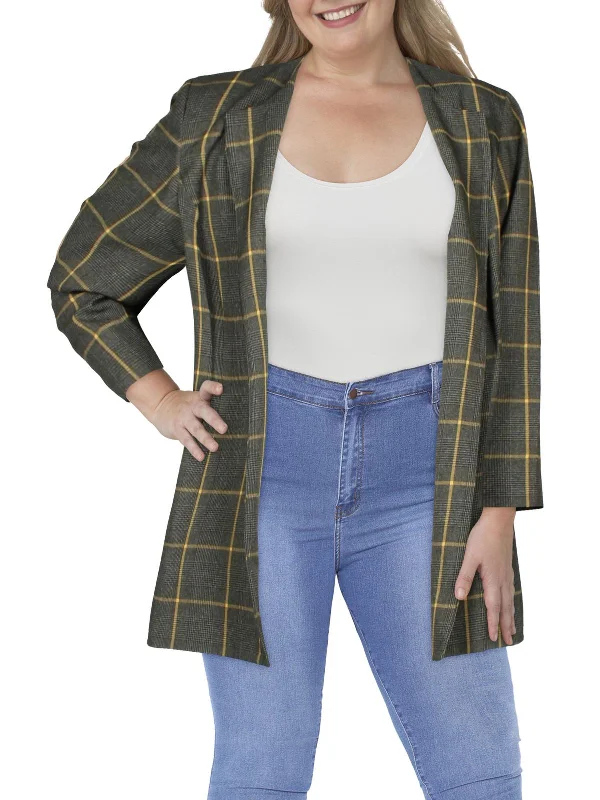 Elegant Attire For The Modern Lady Plus Womens Woven Plaid Collarless Blazer