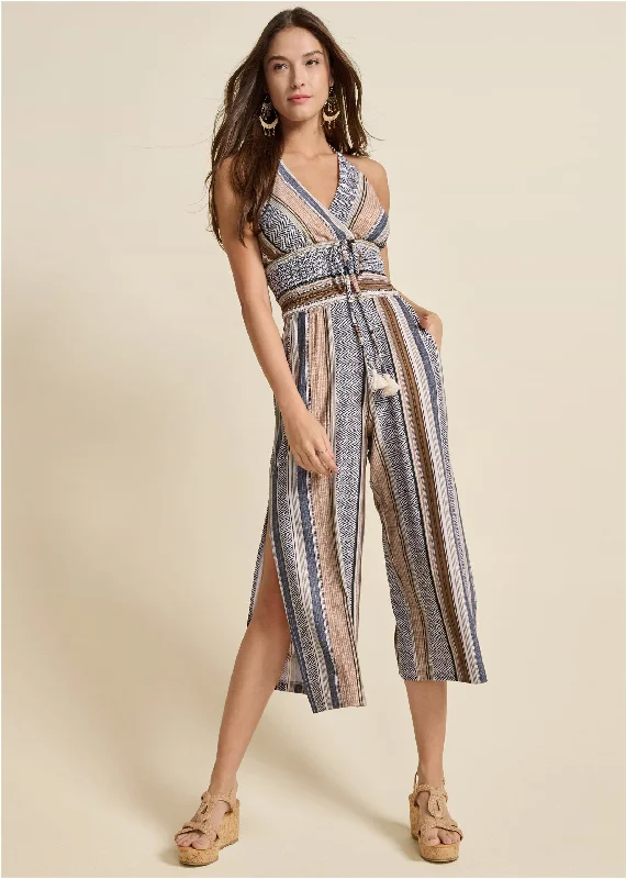 Top Deals Tassel Halter Jumpsuit - Brown Multi