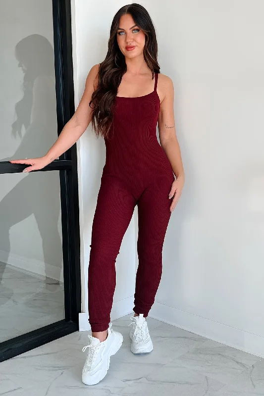 New Season Fashion Preview Making Things Right Rib Knit Backless Jumpsuit (Wine)