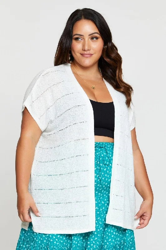 Stylish Spring Fashion White Knit Cardigan Crochet Short Sleeve