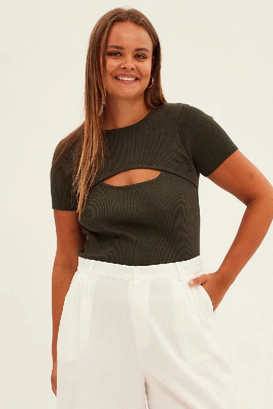 Day-To-Night Styles Green Knit Top Bust Cut Out Short Sleeve
