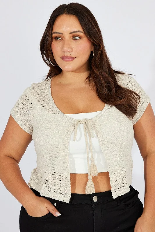 Dive Into Trendy Women's Fashion Beige Tie Up Cardigan Short Sleeve Round Neck