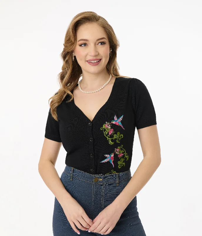 Urban Femme Streetwear Unique Vintage 1950s Black Hummingbird Embroidered Cardigan