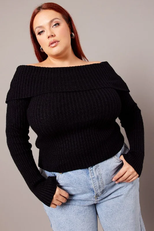 Top Brand Discounts Black Off Shoulder Knit Top Long Sleeve