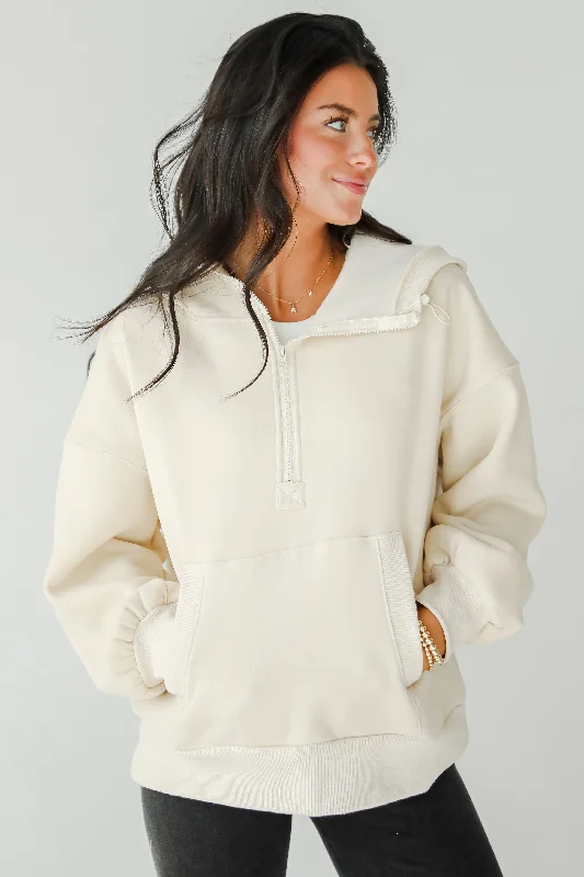 Classic Timeless Elegant Style Cozy Delight Cream Fleece Quarter Zip Hoodie