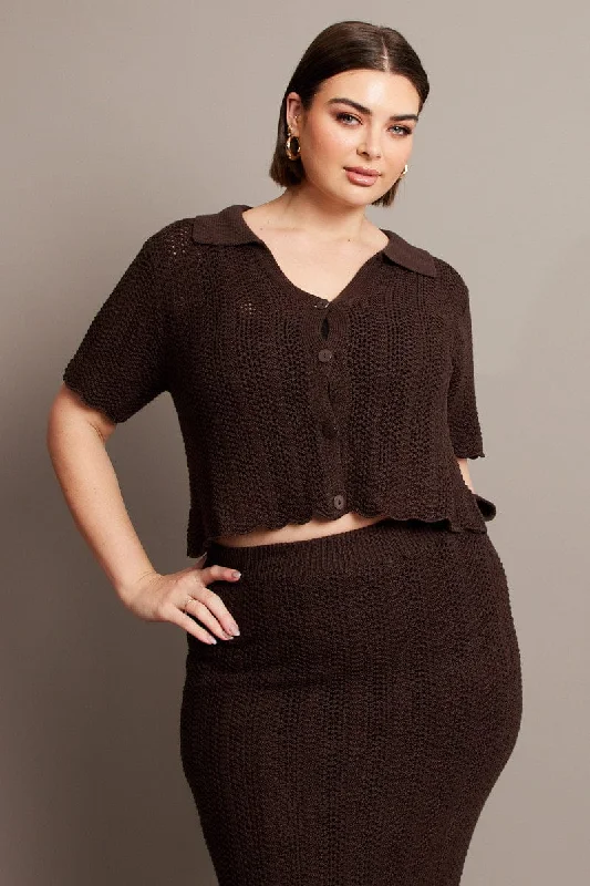 Lighten Up With Nordic Styles Brown Crochet Knit Cardigan