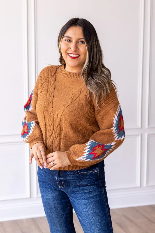 The Epitome Of Modern Women's Fashion Huge Fashion Markdowns – Update Your Closet Now Terracotta Horizon Aztec Sleeve Sweater