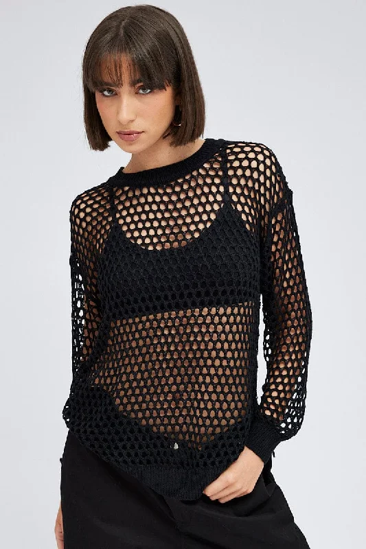 Stylish Savings Black Oversized Knit Top Crew Neck