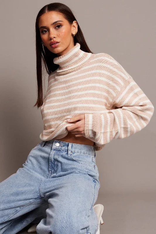Effortless Chic Apparel Beige Stripe Knit Top Long Sleeve High Neck