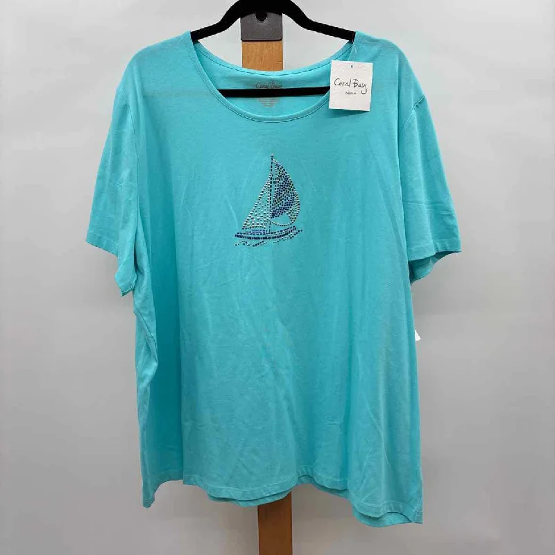 Contemporary Chic Coral Bay Women's Size 3X Aqua Sailboats Short Sleeve Shirt
