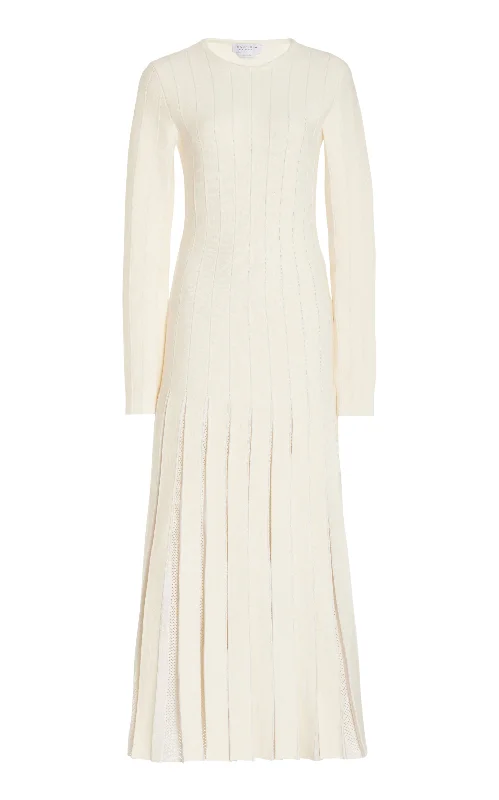 Statement Piece Walsh Knit Maxi Pleated Dress in Ivory Wool