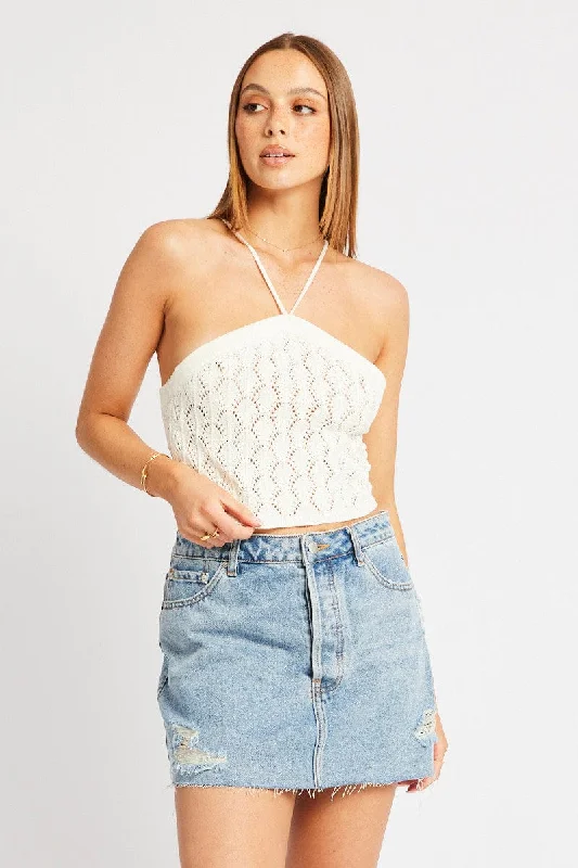 Spring Fling Sale White Halter Neck Knit Top