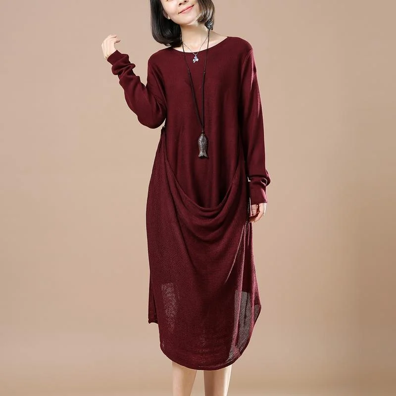 Stylish Spring Fashion Burgundy winter dresses knitted sweaters woman