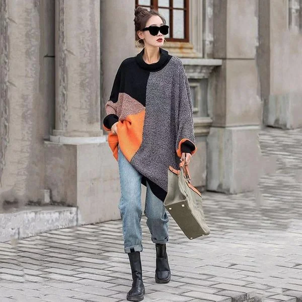 Holiday Glam Knitting Splicing Women Sweater Winter The New Irregular Contrast Color O-neck Collar Pullover Loose Fashion