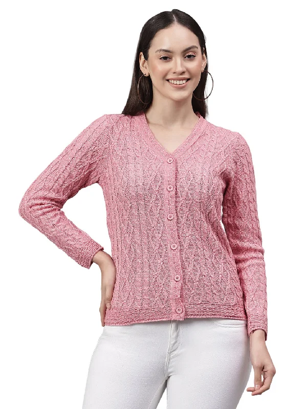 Get The Latest Trends Women's Self Design Pink V-Neck Full Sleeves Casual Sweater