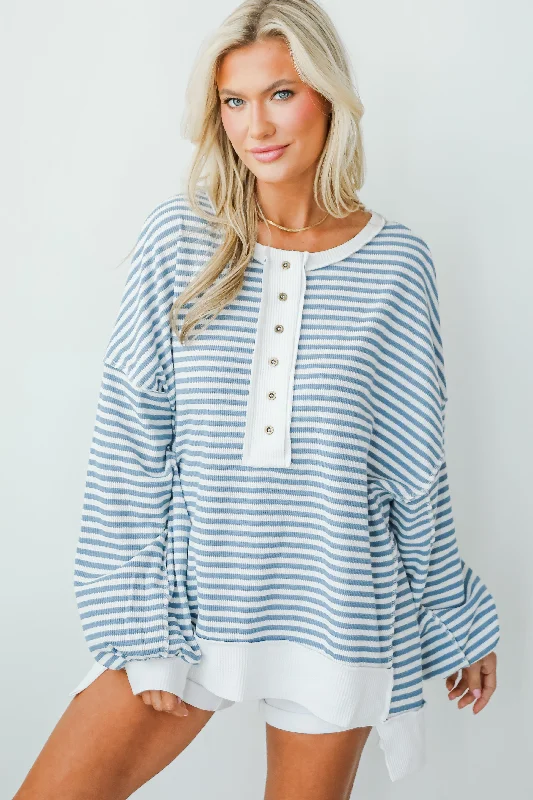 Trendy Street Style Attire Enviably Cozy Striped Oversized Waffle Knit Top