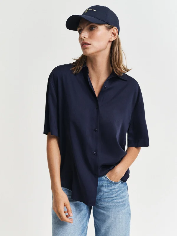 Cool Prices Gant Women Navy Blue Cuban Collar Short Sleeves Shirt
