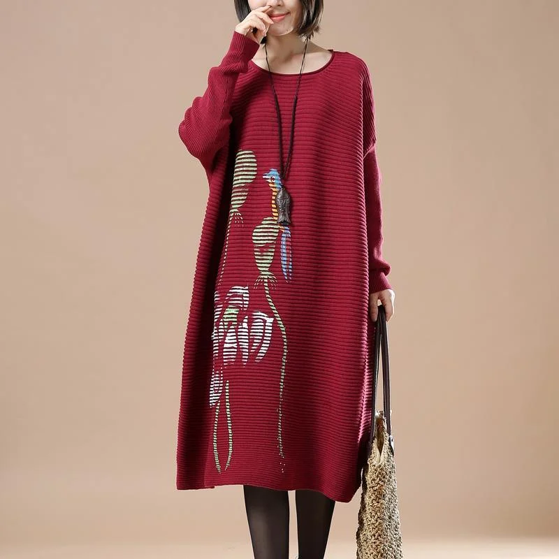Best Deals Of The Season Red floral knitted sweaters plus size