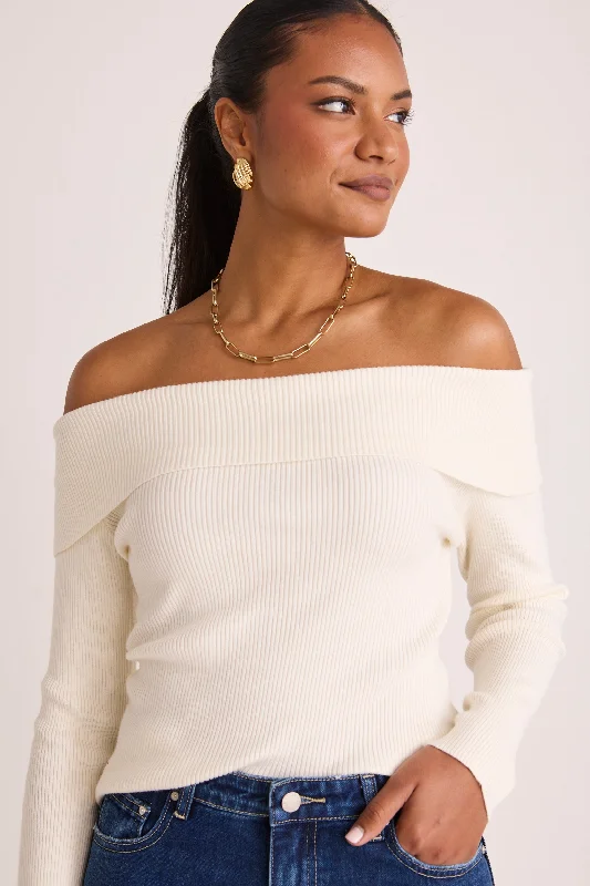 Current Trends Sasha Winter White LS Off Shoulder Rib Knit Top