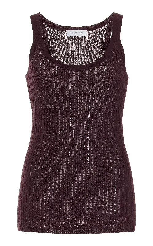 Sophisticated Cut Nevin Pointelle Knit Tank Top in Deep Bordeaux Cashmere Silk