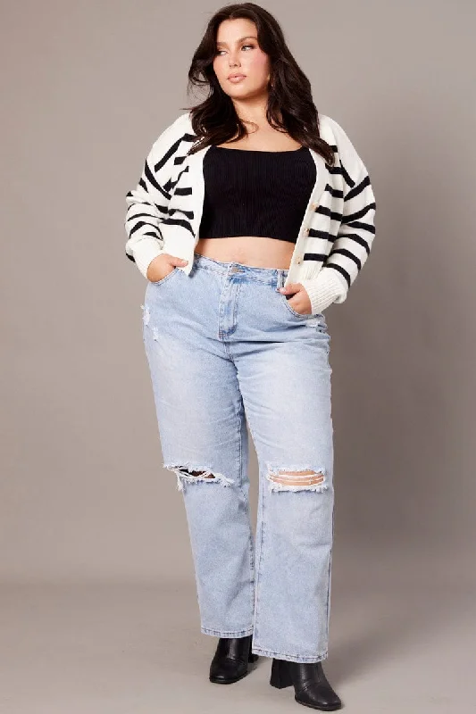 Trend Driven Wardrobe White Stripe Knit Cardigan Long Sleeve V-neck Oversized Fit