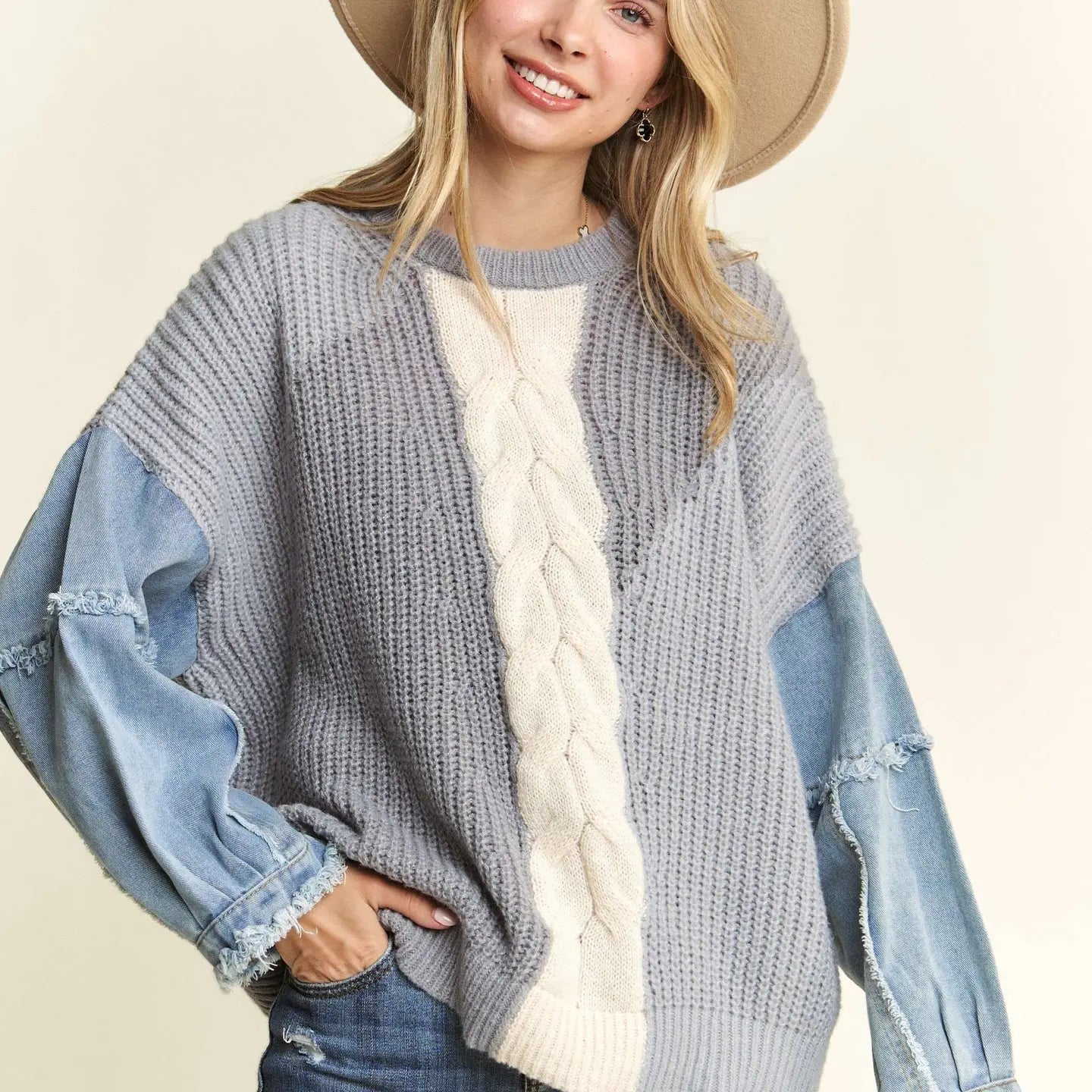 Colorful Clothing Women's Holiday Apparel Lucy Colorblock Denim Sleeve Sweater