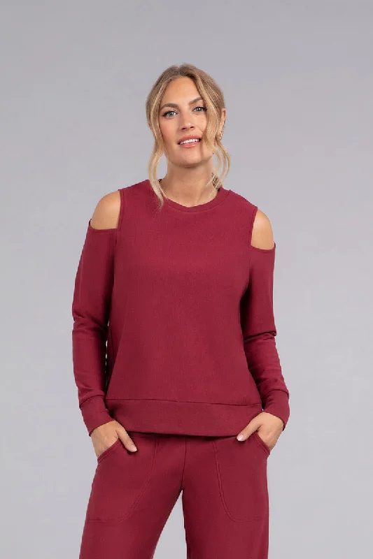 Latest Trends Bamboo Fleece Cut Out Shoulder Top | Cherry