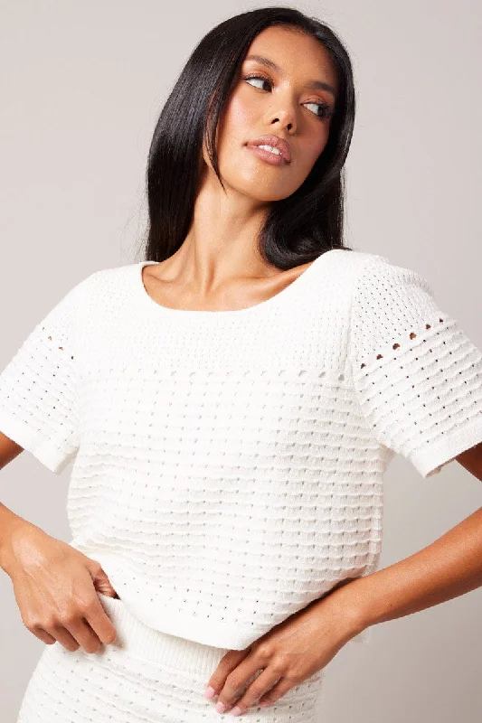 Chic & Cozy Collection White Knit Top Short Sleeve Crochet