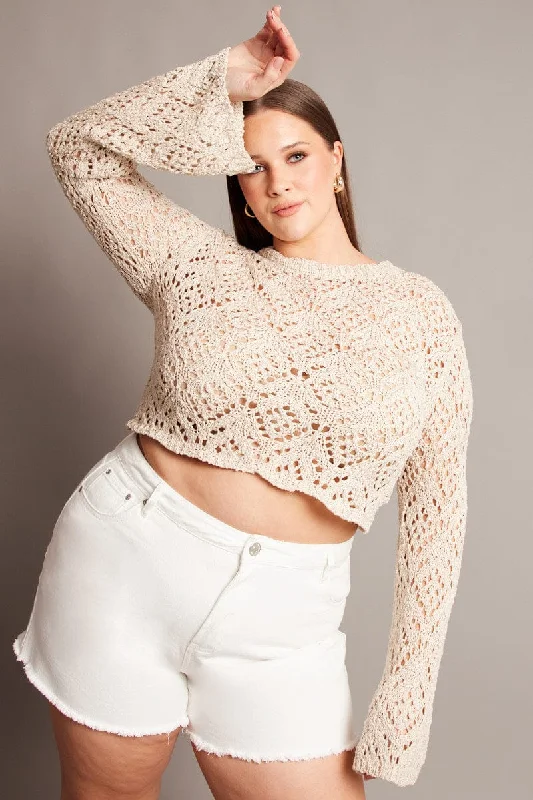 Wardrobe Essentials Beige Crochet Knit Top Long Sleeve Crew Neck