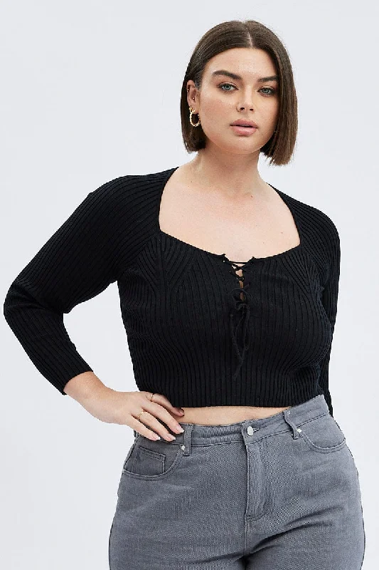 Last Chance Sale Black Knit Top Long Sleeve Lace Up Detail Ribbed