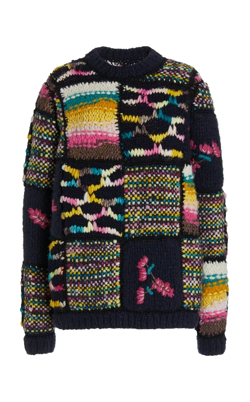 Style Upgrade Lawrence Patchwork Knit Sweater in Dark Navy Multi Welfat Cashmere