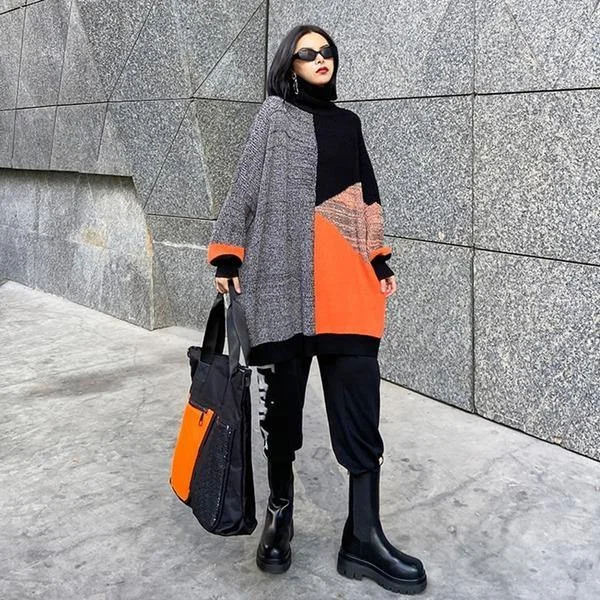 Urban Femme Streetwear Turtleneck Pullover Winter New Splicing Contrast Color Pattern Loose Fashion