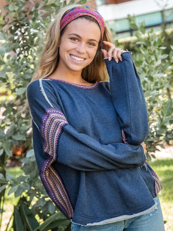 Feminine Charm Knit Trim Sweatshirt - Navy