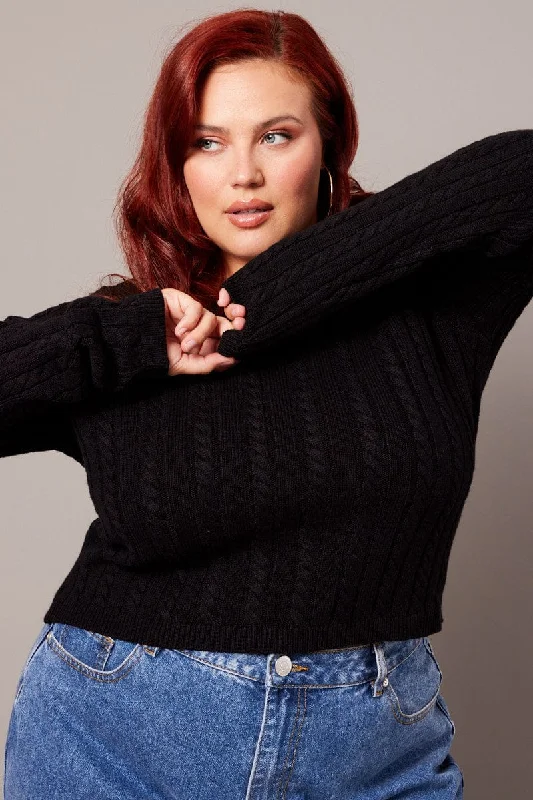 Limited Time Flash Sale Black Cable Knit Top Long Sleeve Crew Neck