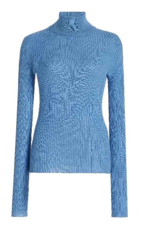 Wardrobe Update Peppe Knit Turtleneck in Light Blue Denim Cashmere Silk