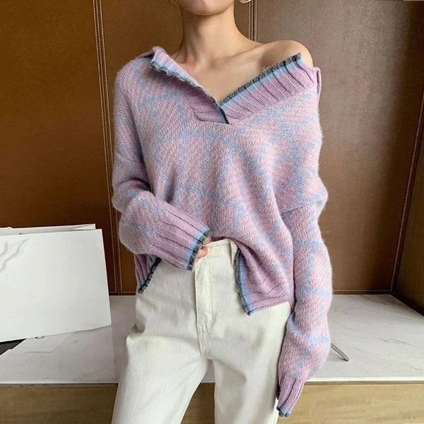Style Breakthroughs Knitting Splicing Plaid Women Sweater Winter New V-neck Top Casual Fashion Style Breakthroughs Knitting Splicing Plaid Women Sweater Winter New V-neck Top Casual Fashion