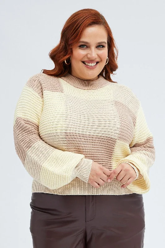 Comfort Meets Fashion Beige Knit Top Round Neck Long Sleeve Patchwork