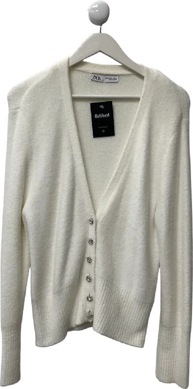 Art Deco Geometric Pattern Look ZARA White V-neck diamante button super soft Cardigan UK XL