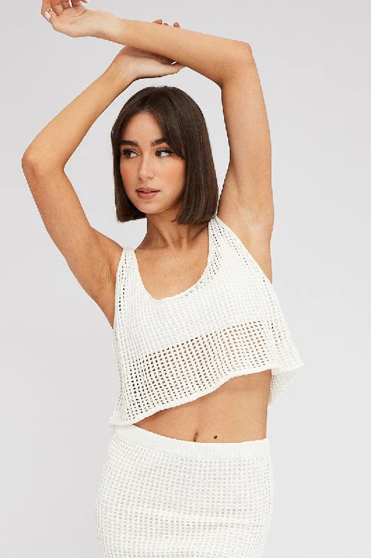 Effortless Comfort White Crochet Knit Top Scoop Neck