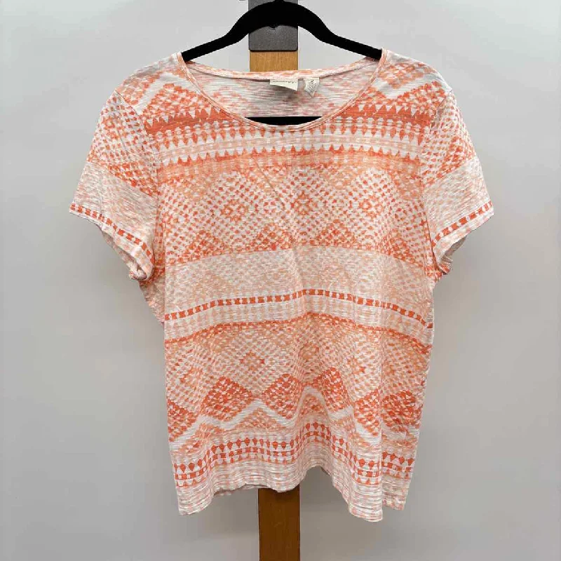 Trend Alert Chico's Women's Size L Orange Print Short Sleeve Shirt